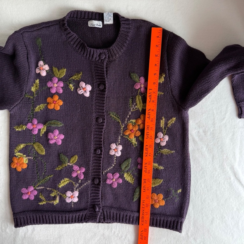 Vintage David Loren Purple Embroidered Floral Cardigan Sweater Large Easter Plum - Picture 10 of 11